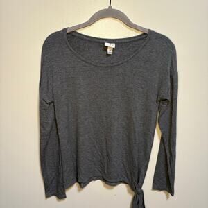 A New Day Grey Long Sleeve Tie Hem Soft Blouse XS Scoopneck Cropped Blouse
